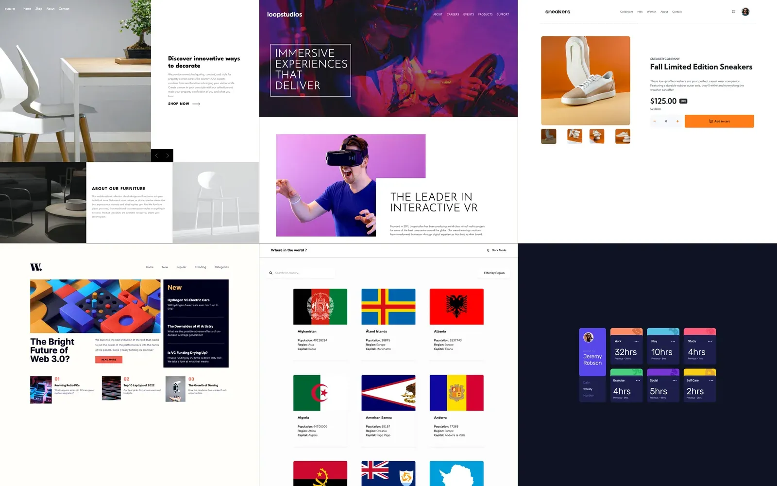 Des interfaces réalisées à partir de maquettes Frontend Mentor, en mosaïque.