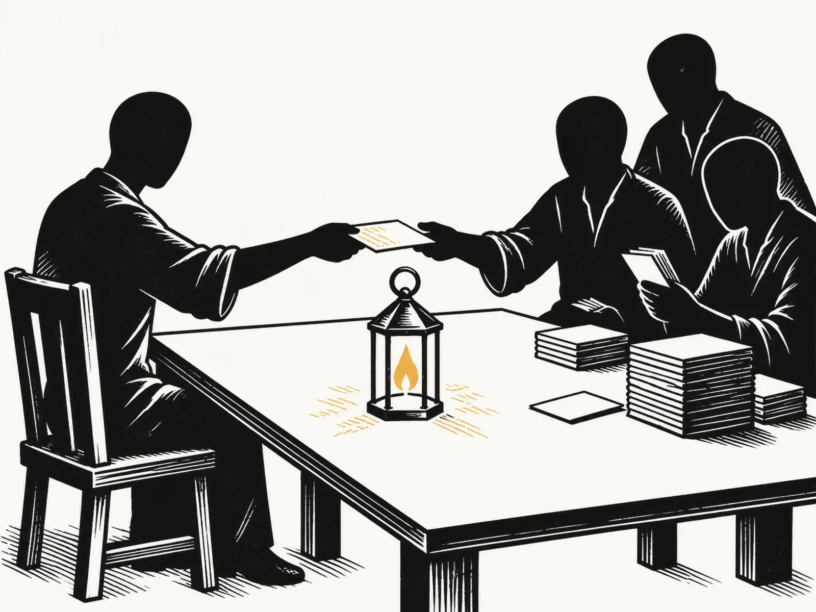 Une longue table où des fiches passent d’une silhouette seule à un groupe, à la lumière d’une lanterne.