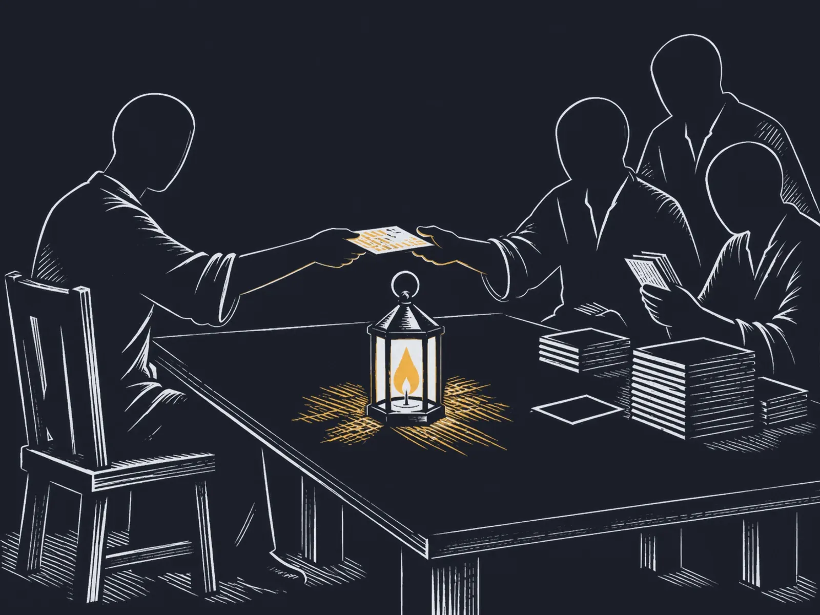 Une longue table où des fiches passent d’une silhouette seule à un groupe, à la lumière d’une lanterne.