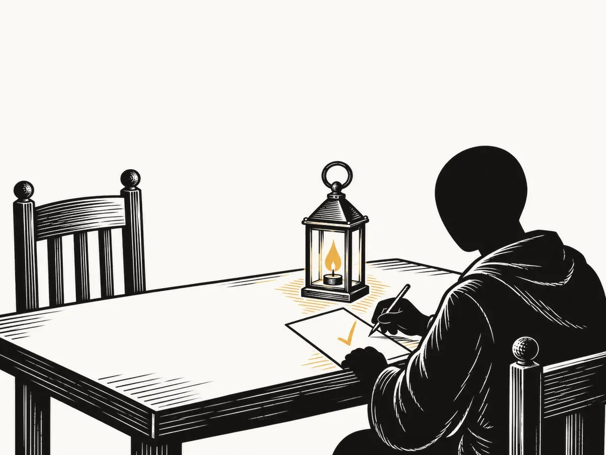 La nouvelle venue relit seule la fiche d’un autre membre, à la lumière de la lanterne.