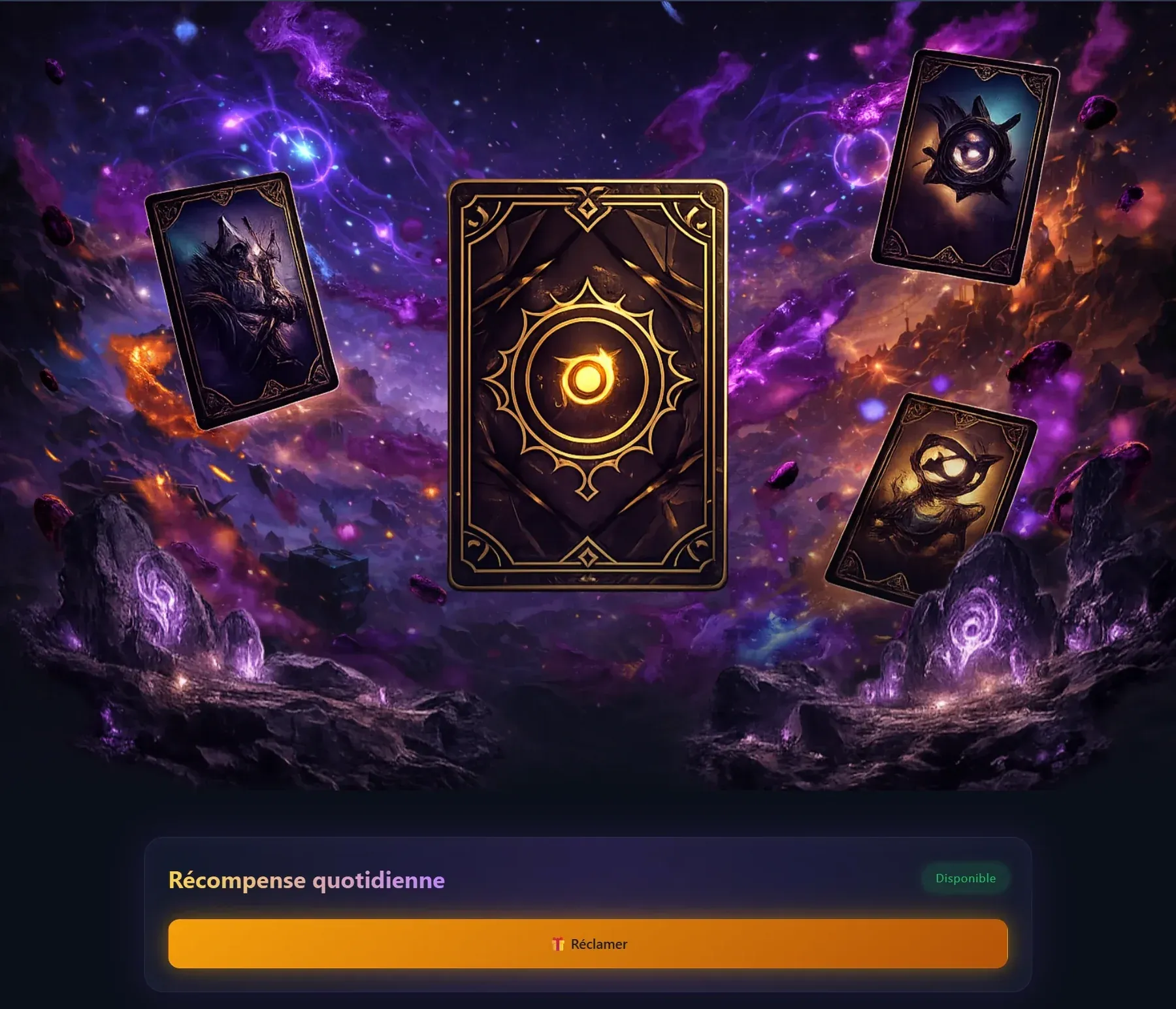 La page d’accueil d’Omnicard : des cartes qui flottent au-dessus d’un paysage nocturne, autour du dos de carte du jeu.