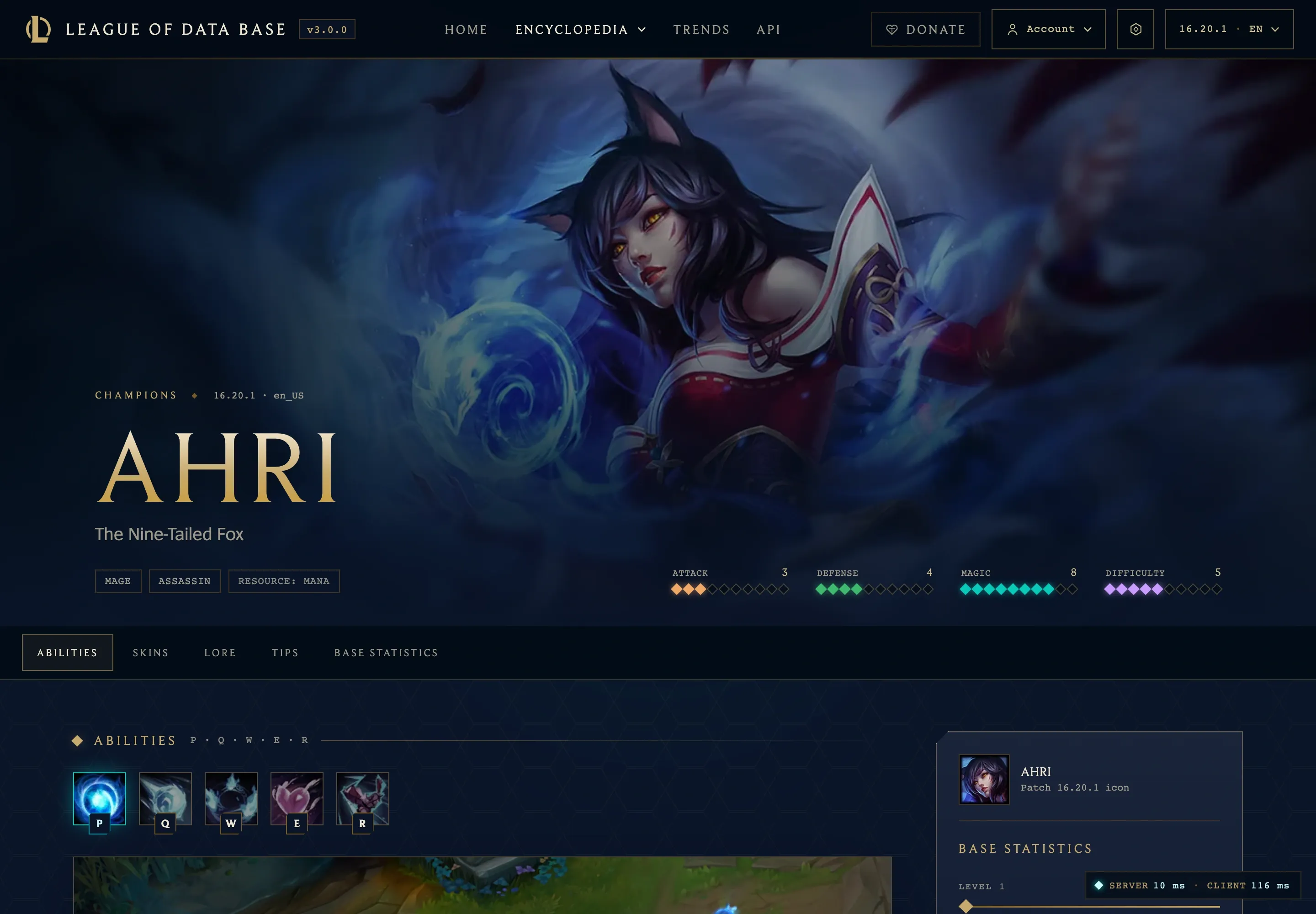 La fiche d’Ahri au patch 16.20.1 dans la version anglaise de League Of Data Base.