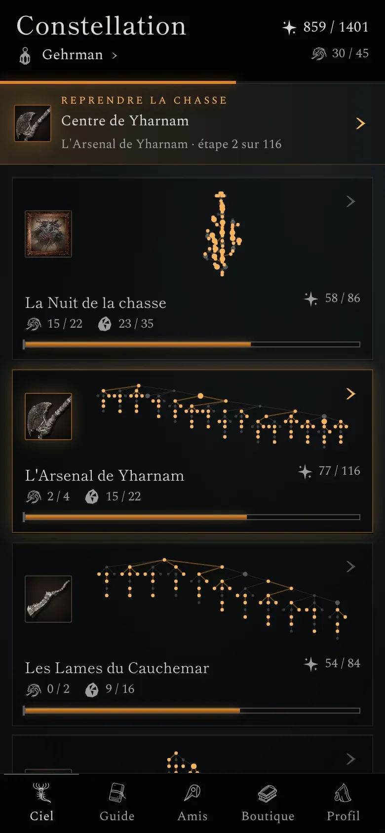 L’atlas de Bloodborne Legendary Run sur téléphone : chaque constellation d’objectifs avec sa progression, et la chasse à reprendre en tête.