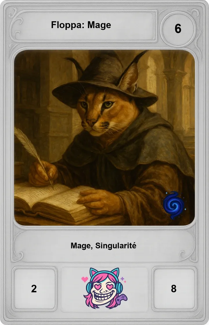 Floppa : Mage, version actuelle : coût 6, statistiques 2/8.