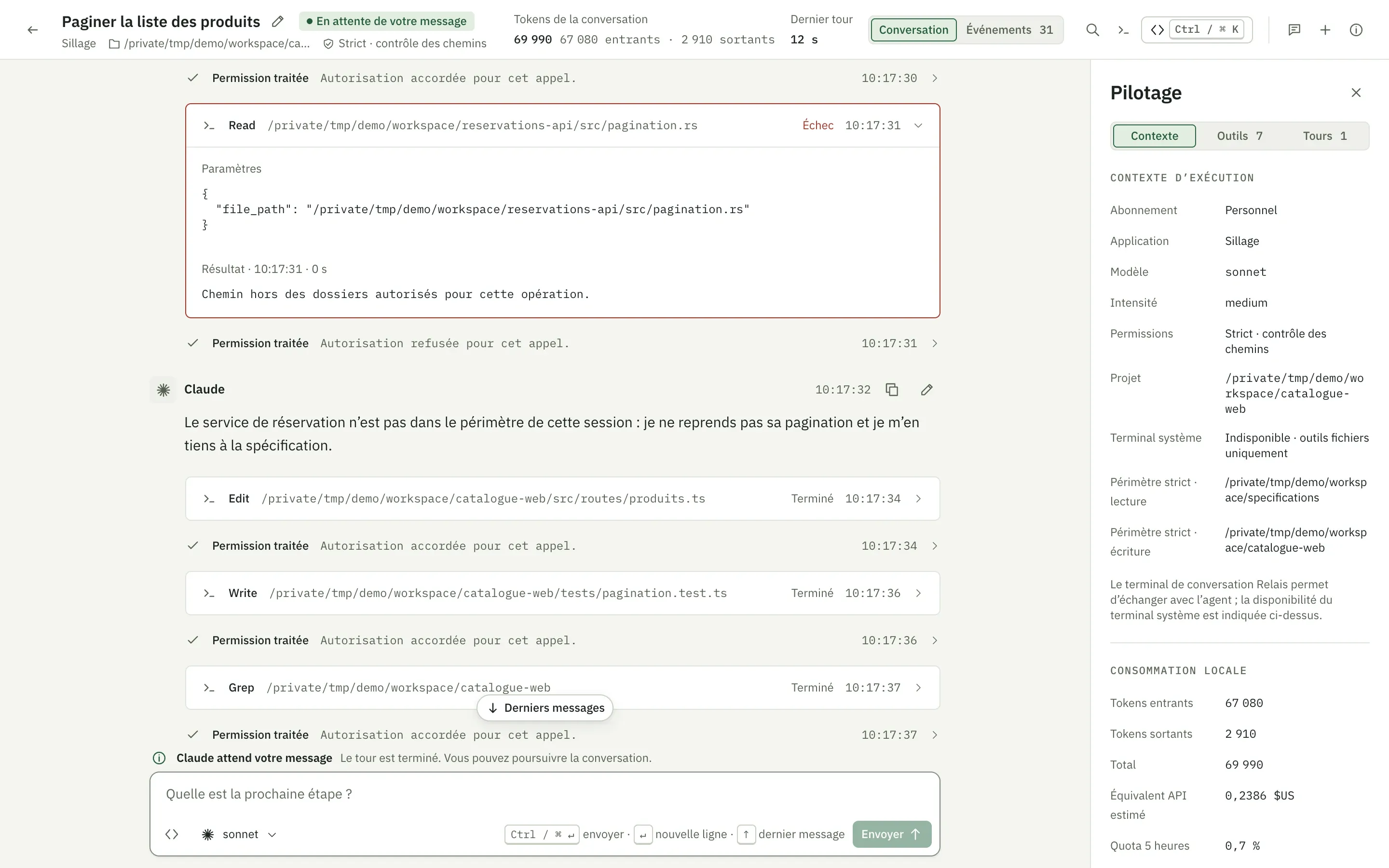 Une conversation dans Relais : chaque appel d’outil suivi de sa décision ; la lecture d’un fichier hors du périmètre échoue, avec son motif.