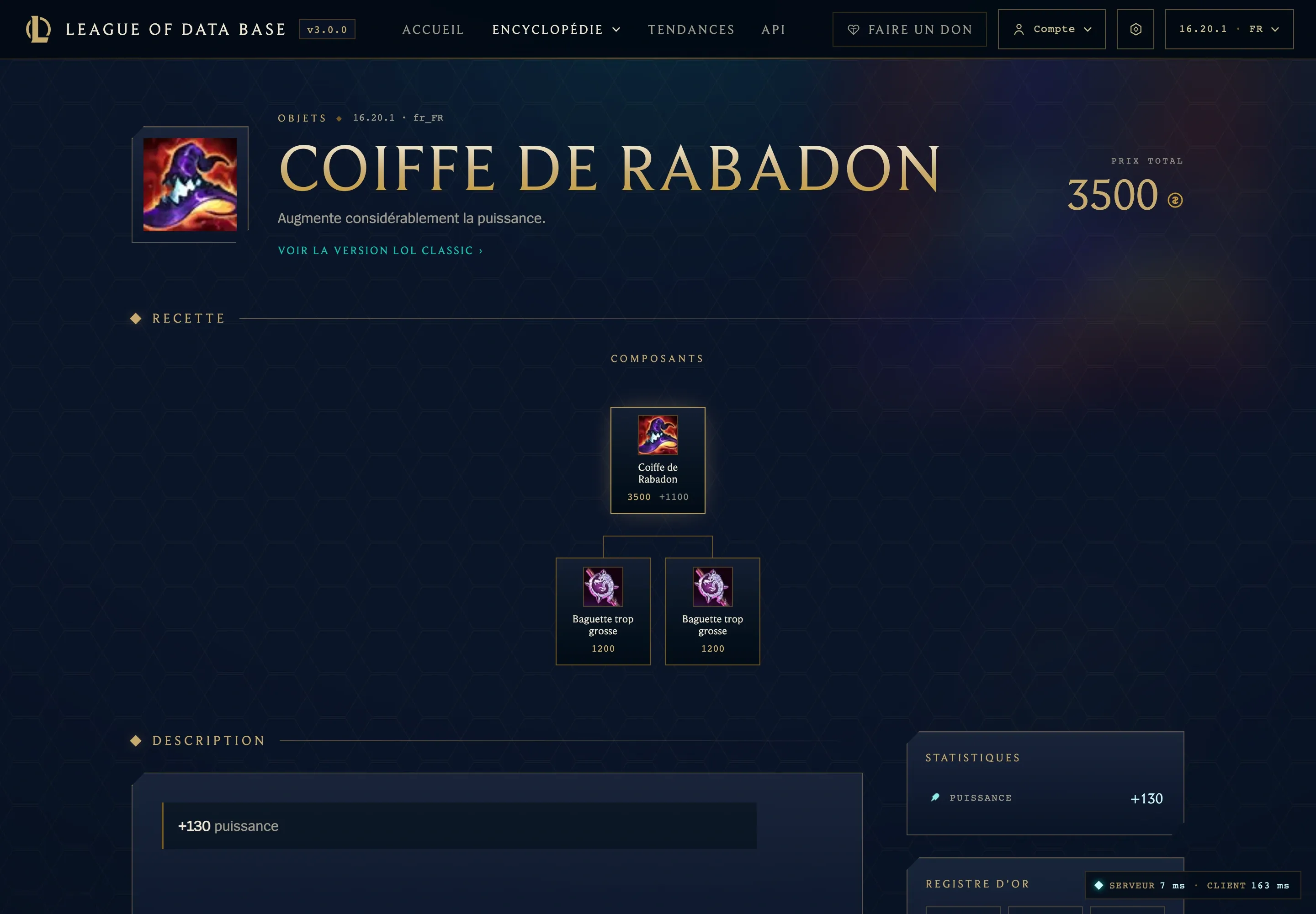 La fiche de la Coiffe de Rabadon au patch 16.20.1 : 3 500 pièces d’or et une recette de deux Baguettes trop grosses.