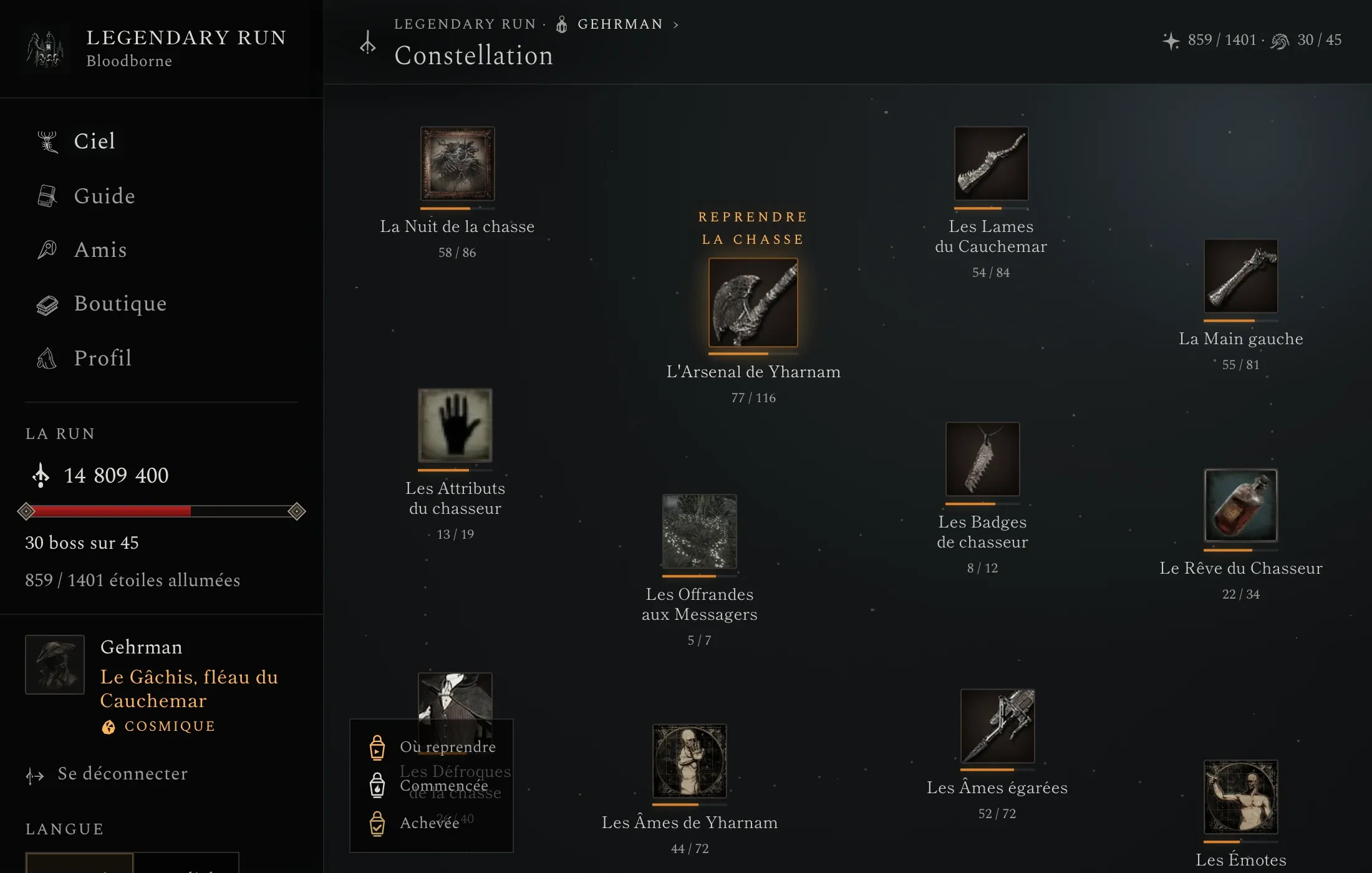Le ciel de Bloodborne Legendary Run sur ordinateur : les constellations d’objectifs et la progression de la partie.